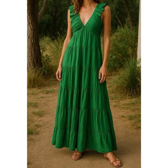 Jason Wu Dresses & Skirts - Jason Wu Green Ruched Ruffle Tiered Maxi V Neck Dress Size M Wedding Graduation